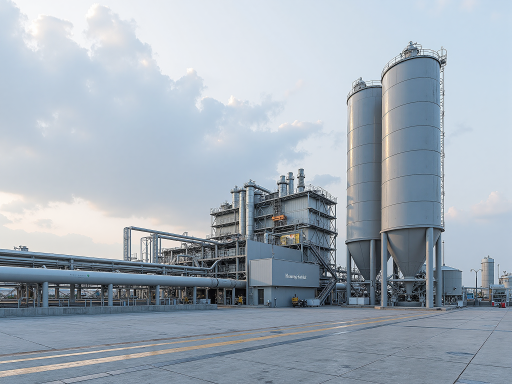 Modern industrial factory exterior view with steel construction elements, blue sky background, European architectural style