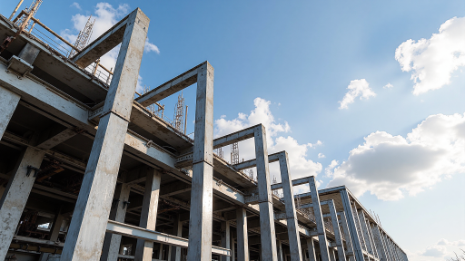 High resolution modern steel building construction with large industrial framework, blue sky background, European architectural style, professional construction site view