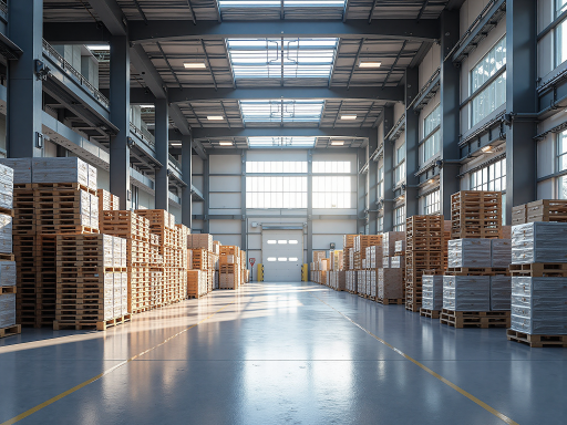 Completed warehouse project with steel frame construction, blue and white color scheme, European industrial area, sunny day