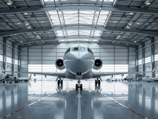 Finished aircraft hangar with steel structure, red and gray color scheme, European airport environment, clear skies