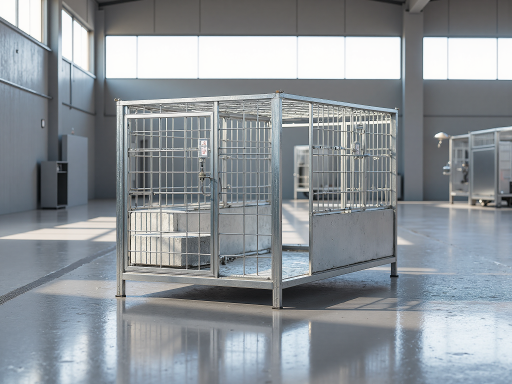 Completed industrial workshop with steel framework, green and silver colors, European manufacturing facility, bright daylight