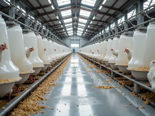 Finished agricultural barn with steel construction, red and white color scheme, European countryside setting, green pastures
