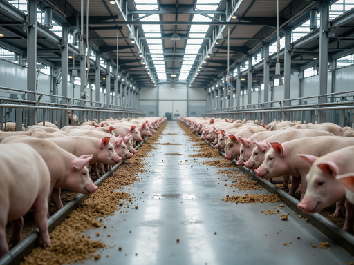 Modern livestock barn with steel construction, red and white color scheme, European countryside setting, green fields