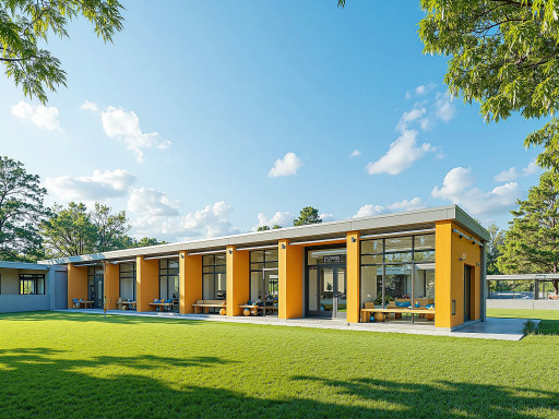 Custom steel building project with unique design, multi-colored steel framework, European architectural context