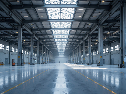 Large modern warehouse building with steel frame structure, red and white color scheme, European architectural style, clear blue sky background